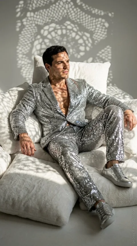 Homem de pele clara e cabelos escuros, sentado de forma relaxada em meio a várias almofadas brancas felpudas. Ele veste um terno completo de paetês prateados brilhantes, com o paletó aberto revelando o peito, e tênis prateados. A luz incide sobre ele criando sombras rendadas projetadas no fundo e sobre seu corpo.