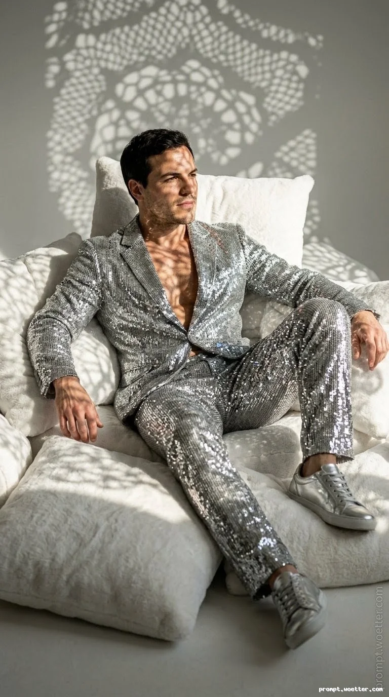A light-skinned man with dark hair, sitting in a relaxed posture amidst several fluffy white cushions. He is wearing a full silver sequin suit with the blazer open, revealing his chest, and silver sneakers. Light shines on him, creating intricate lace-like shadows cast across the background and his body.