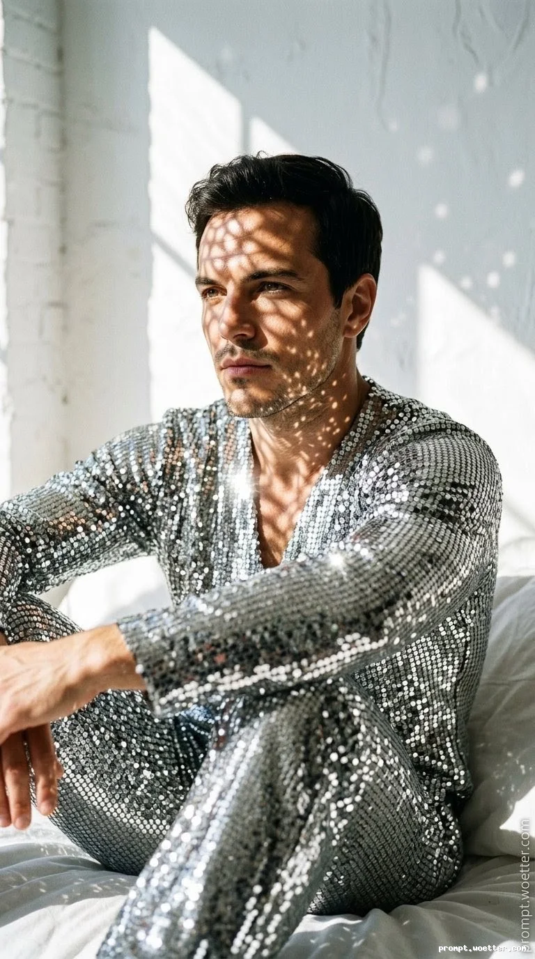 A light-skinned man with short dark hair and light stubble sits in profile on a white surface. He is wearing a long-sleeved shirt and trousers made entirely of shimmering silver sequins. The lighting is soft and directed, casting intricate, geometric lace-like shadows across his face and chest from a nearby window. The man looks thoughtfully to the side, maintaining a calm expression.