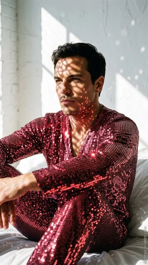 Portrait of a young man with light skin, short brown hair, and stubble, looking to the side. He is sitting on a white surface, wearing a matching long-sleeve shirt and trousers made of burgundy sequins. His face and chest are illuminated by light filtered through a grid, casting a patterned shadow over him.