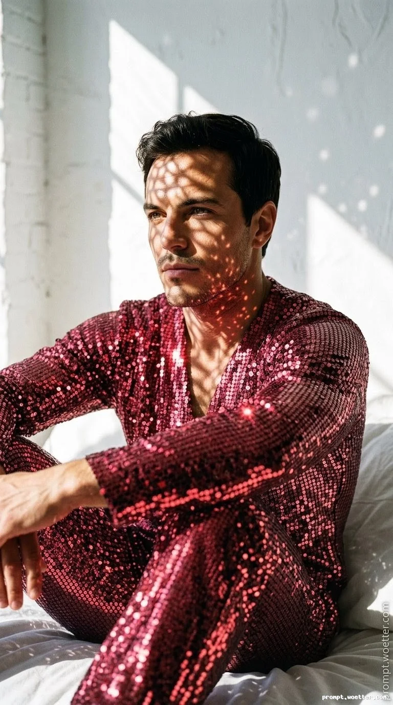 Retrato de um homem jovem de pele clara, com cabelos castanhos curtos e barba por fazer, olhando para o lado. Ele está sentado sobre uma superfície branca, vestindo um conjunto de camisa de mangas compridas e calça de lantejoulas na cor vinho. O rosto e o peito recebem uma iluminação filtrada, criando um padrão de sombra em grade sobre ele.