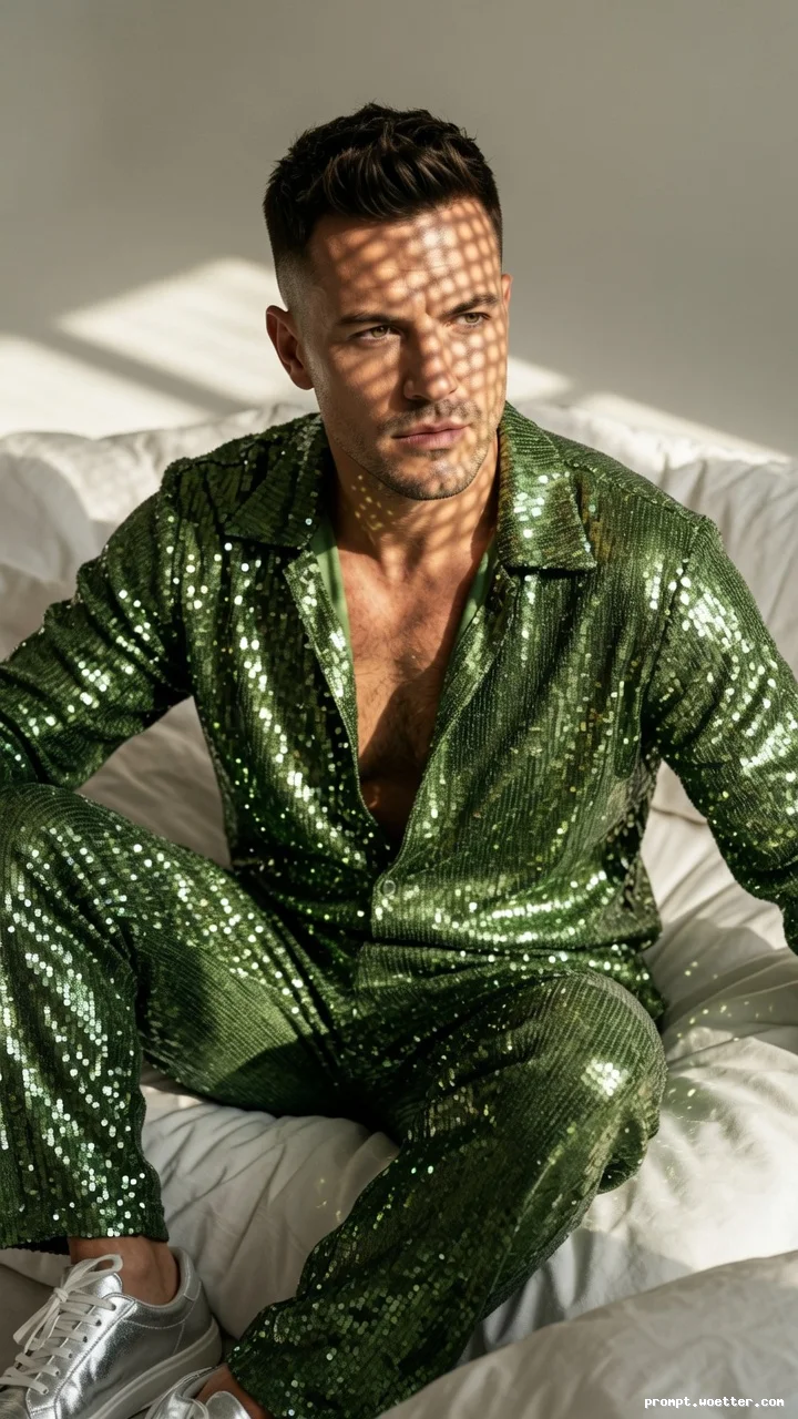 Portrait of a young man with light skin, short brown hair, and stubble, looking to the side. He is sitting on a white sheet, wearing a matching long-sleeve shirt and trousers made of green sequins. His face and chest are illuminated by light filtered through a grid, casting a patterned shadow, and he is wearing silver sneakers.