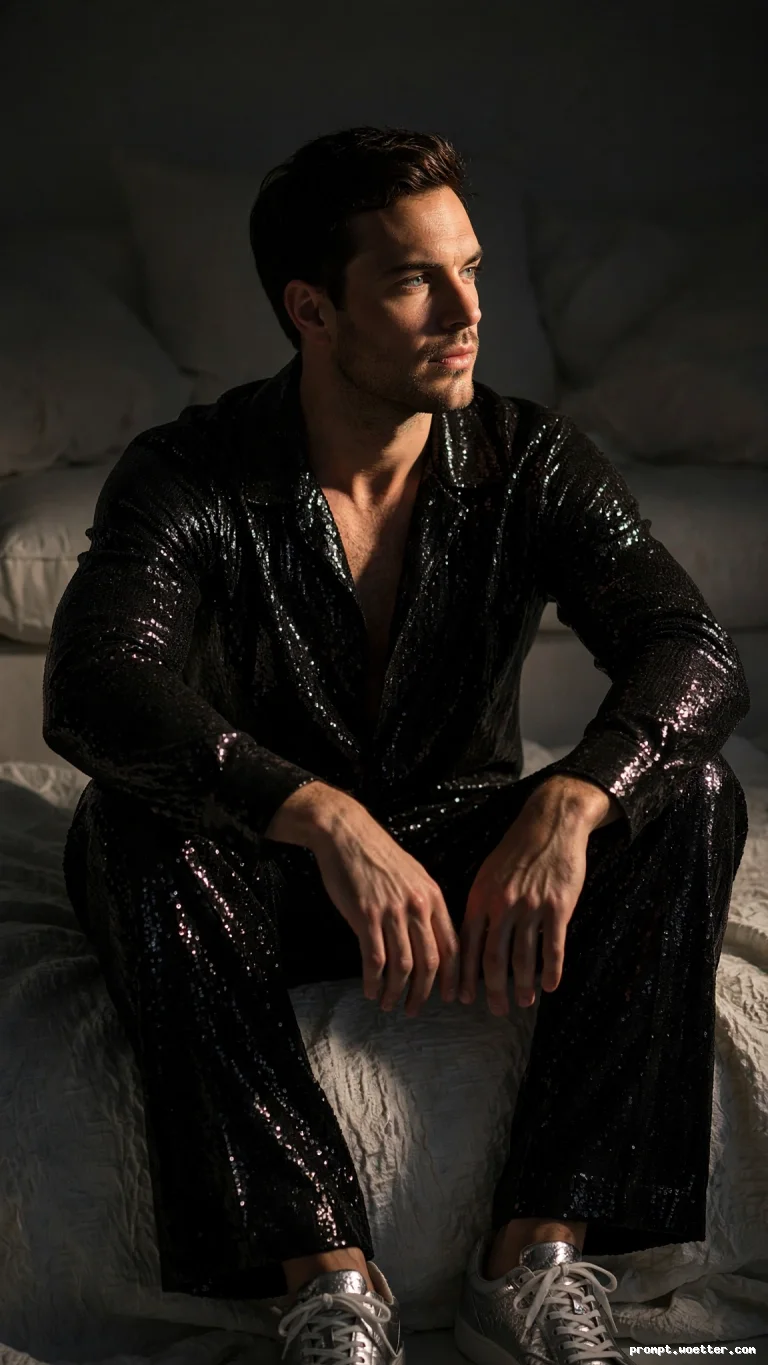 Portrait of a young man with light skin, short brown hair, and light eyes, looking to the side. He is sitting on a light-textured surface, wearing a black sequined long-sleeve shirt and matching trousers. The lighting is dramatic and soft, highlighting his facial features and the sparkle of the sequins, against a dark, blurred background. He is wearing silver sneakers.