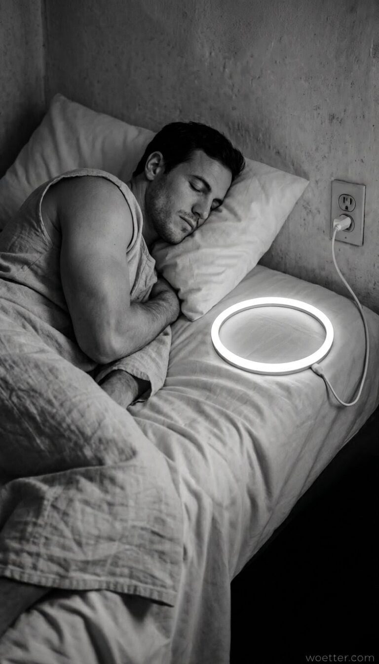 Black and white photograph of a young man sleeping on his side in a bed with light-colored sheets and a full pillow. He is wearing a sleeveless shirt and has his arms crossed over his chest. On the bed beside him lies a circular LED ring light connected by a white cable to an electrical outlet on the wall in the background.