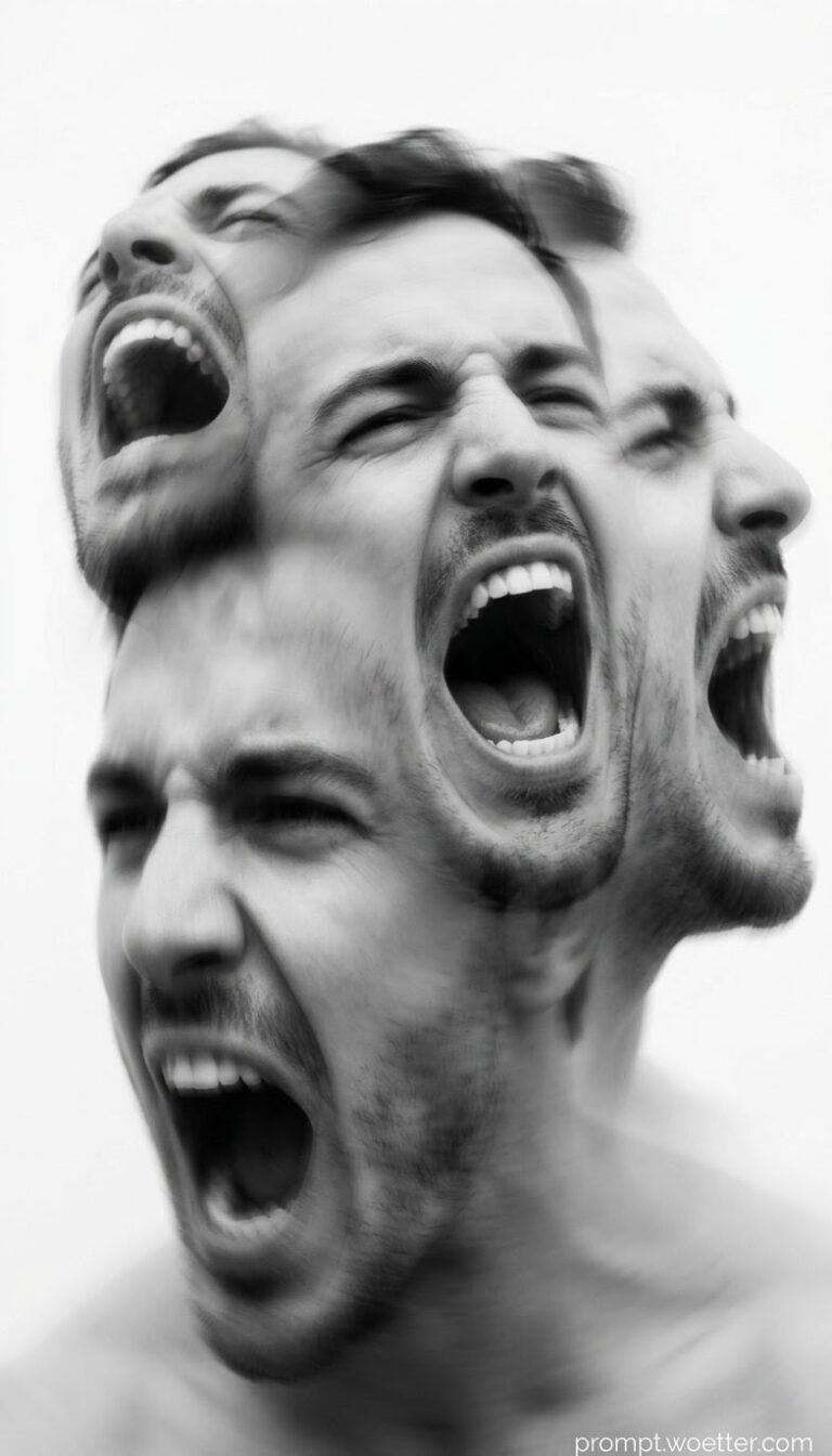Black and white multi-exposure portrait of a man screaming. His face is duplicated five times in a radial pattern, with heavy motion blur fading outward from a sharp central face.