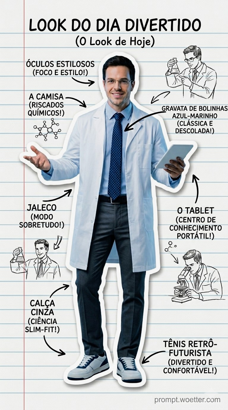 Infográfico humorístico intitulado "Playful OOTD (Outfit of the Day)" com fundo de caderno pautado. No centro, a foto recortada de um homem adulto de estatura média, sorrindo, usando jaleco branco, camisa azul com listras finas, gravata azul-marinho com bolinhas, calça cinza-carvão slim e tênis branco com detalhes azuis. Ele segura um tablet na mão direita e gesticula com a mão esquerda. Setas anotadas apontam para cada item do look com descrições bem-humoradas: "Stylish Glasses (Stay Sharp!)" para os óculos de armação fina; "The Shirt (Chemical Pinstripes!)" para a camisa listrada; "Navy Dot Tie (Classic & Cool!)" para a gravata; "Lab Coat (Outerwear Mode!)" para o jaleco; "The Tablet (Knowledge Hub Accessory)" para o tablet; "Charcoal Trousers (Slim-Fit Science!)" para a calça; e "Retro-Future Sneakers (Playful & Comfortable!)" para o tênis. Ao redor da foto principal há quatro pequenas ilustrações a traço de um cientista em diferentes poses — segurando um erlenmeyer, usando um microscópio e em cenas de laboratório — reforçando o tema científico descontraído.