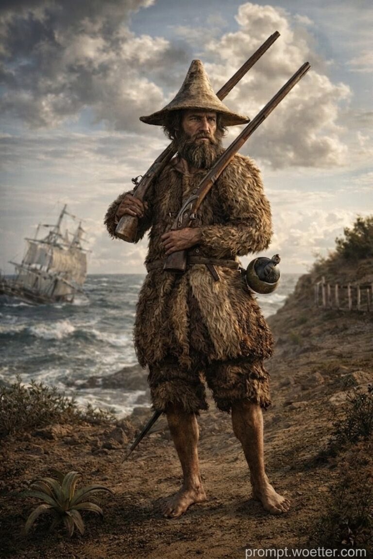 Hyperrealistic photograph of a middle-aged bearded man standing on rocky, arid coastal terrain. He is dressed entirely in animal fur — a shaggy coat, short pants, and a leather belt — and wears a conical hat made of straw or woven fiber. He is barefoot. He carries two muskets resting on his left shoulder and holds an aged spherical metal flask attached to his belt. In the background to the left, an old sailing ship navigates rough seas beneath a dramatic, cloud-filled sky. To the right, low vegetation and a wooden fence frame the coastal landscape. In the foreground, a small plant grows from the dry earth.