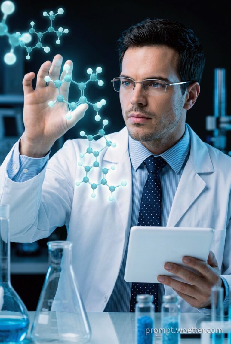 Male scientist in a white lab coat interacting with floating blue glowing 3D holographic molecules in a dark, high-tech laboratory setting.