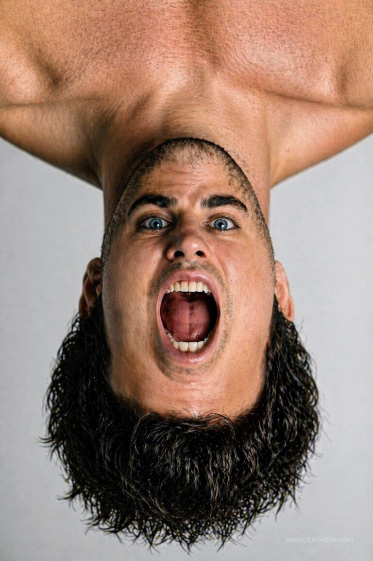 A hyper-realistic portrait of a person with a mind-bending surreal effect: their outer head and hair are right-side up, but their inner facial features—eyes, nose, and an open, screaming mouth—are rotated completely upside down. The hair appears wet and drips in defiance of the face's orientation, set against a professional grey studio background.