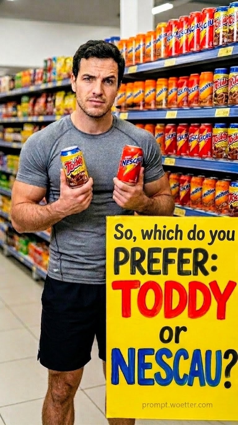 A hyper-realistic portrait of a person in gym clothes standing in a supermarket aisle. They are holding a Toddy can in one hand and a Nescau can in the other, with a questioning expression. In front of them is a large yellow promotional sign that asks "are you teamToddy or team Nescau?". The background shows slightly blurred supermarket shelves stocked with similar cans.