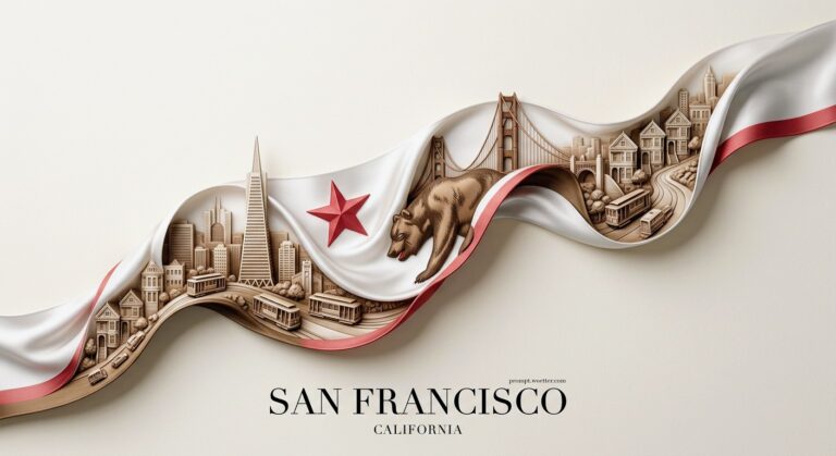 A horizontal poster for San Francisco featuring a flowing ribbon inspired by the California state flag, with white fabric and a red stripe along the bottom edge. Nestled within the elegant, swirling folds of the ribbon are detailed brown paper-cut miniature models of the city's landmarks, including the Transamerica Pyramid, Victorian Painted Ladies houses, cable cars, and the iconic Golden Gate Bridge. A red star and a brown grizzly bear, symbols from the California flag, are also featured prominently on the ribbon. The text at the bottom reads "SAN FRANCISCO, CALIFORNIA" in a clean black serif font against a soft cream background.