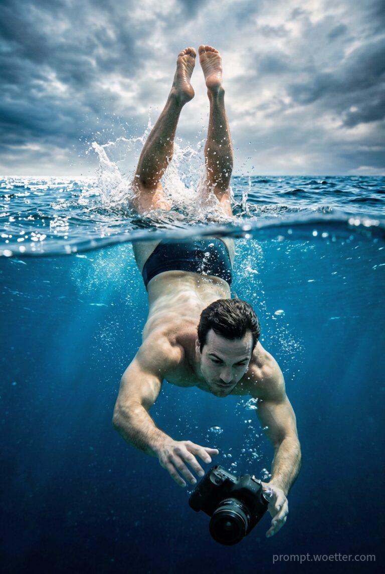 Split-level portrait of a male swimmer diving into teal water to retrieve a sinking camera lens, surrounded by dramatic god rays and bubbles.