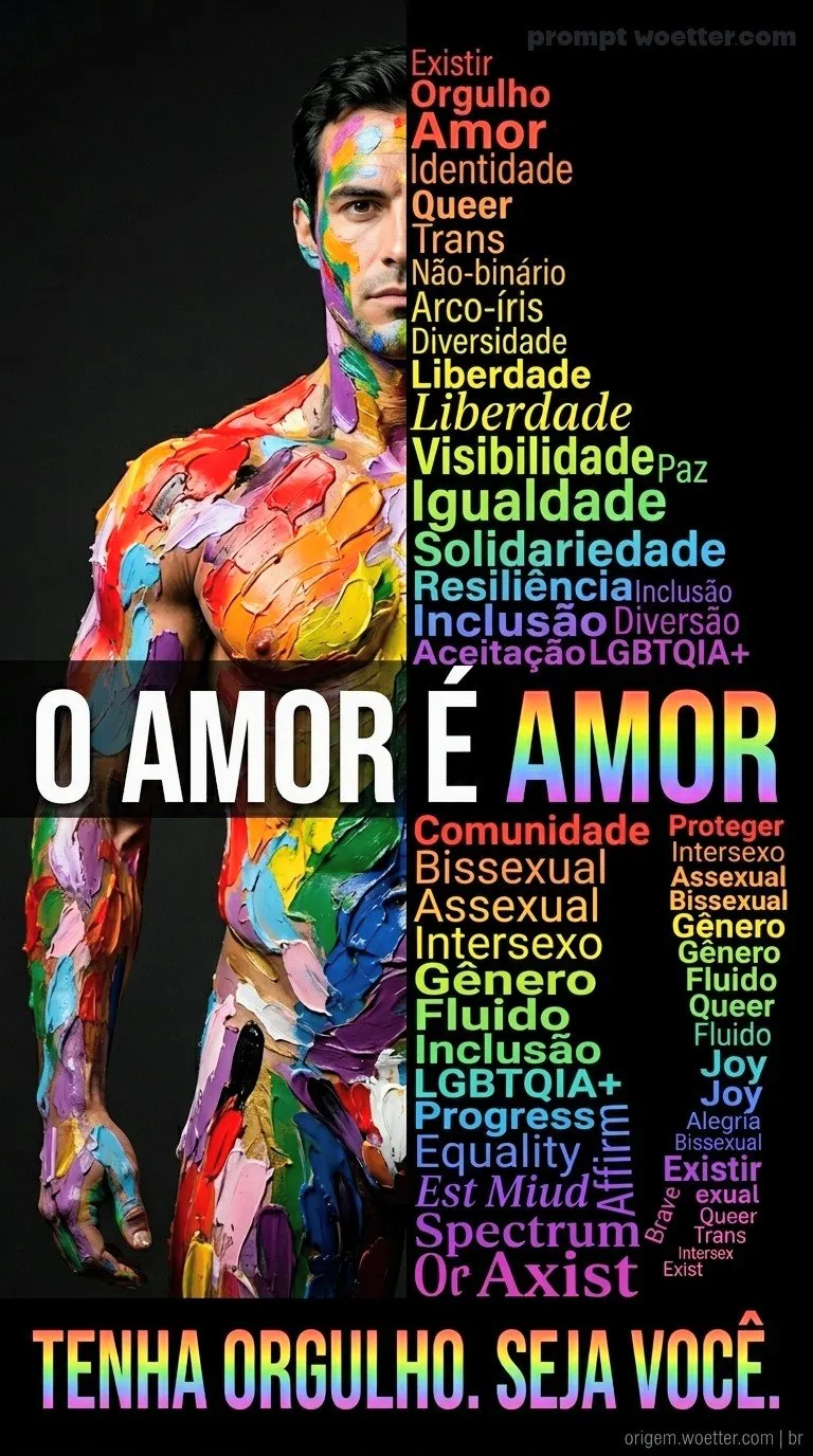 A conceptual medium close-up image vertically split down the middle. On the left side, against a black background, is half of a man's torso and face looking forward. His skin is covered in thick, textured paint strokes in the colors of the rainbow (red, orange, yellow, green, blue, and purple). On the right side, against a solid black background, the silhouette that would complete his body and face is formed by a vertical word cloud written in rainbow-colored typography. Readable words in Portuguese and English include: Existir, Orgulho, Amor, Identidade, Queer, Trans, Não-binário, Arco-íris, Diversidade, Liberdade, Visibilidade, Paz, Igualdade, Solidariedade, Resiliência, Inclusão, Aceitação, LGBTQIA+, Comunidade, Bissexual, Assexual, Intersexo, Gênero Fluido, Progress, Equality, Spectrum, Proteger, Joy, and Alegria. Across the middle, a bold horizontal text reads "O AMOR É AMOR" in all capital letters, with the first words in plain white and the final word "AMOR" filled with a rainbow gradient. At the bottom, a caption in colorful gradient capital letters reads: "TENHA ORGULHO. SEJA VOCÊ."